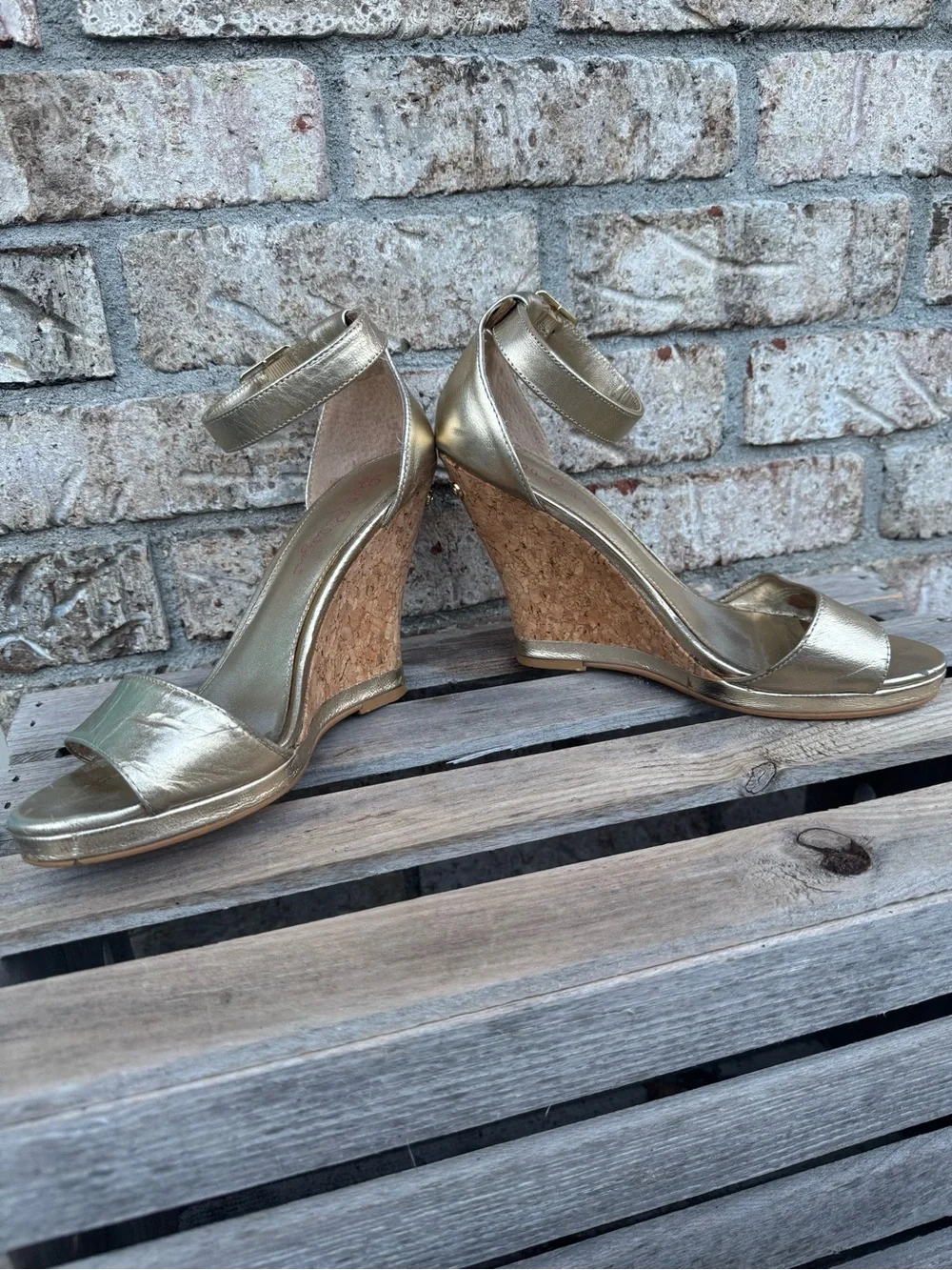 Lilly Pulitzer Metallic Gold Cork Wedge Sandals with Ankle Strap